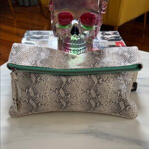 American Eagle Outfitters Silver Snakeskin Wristlet with Teal Zipper